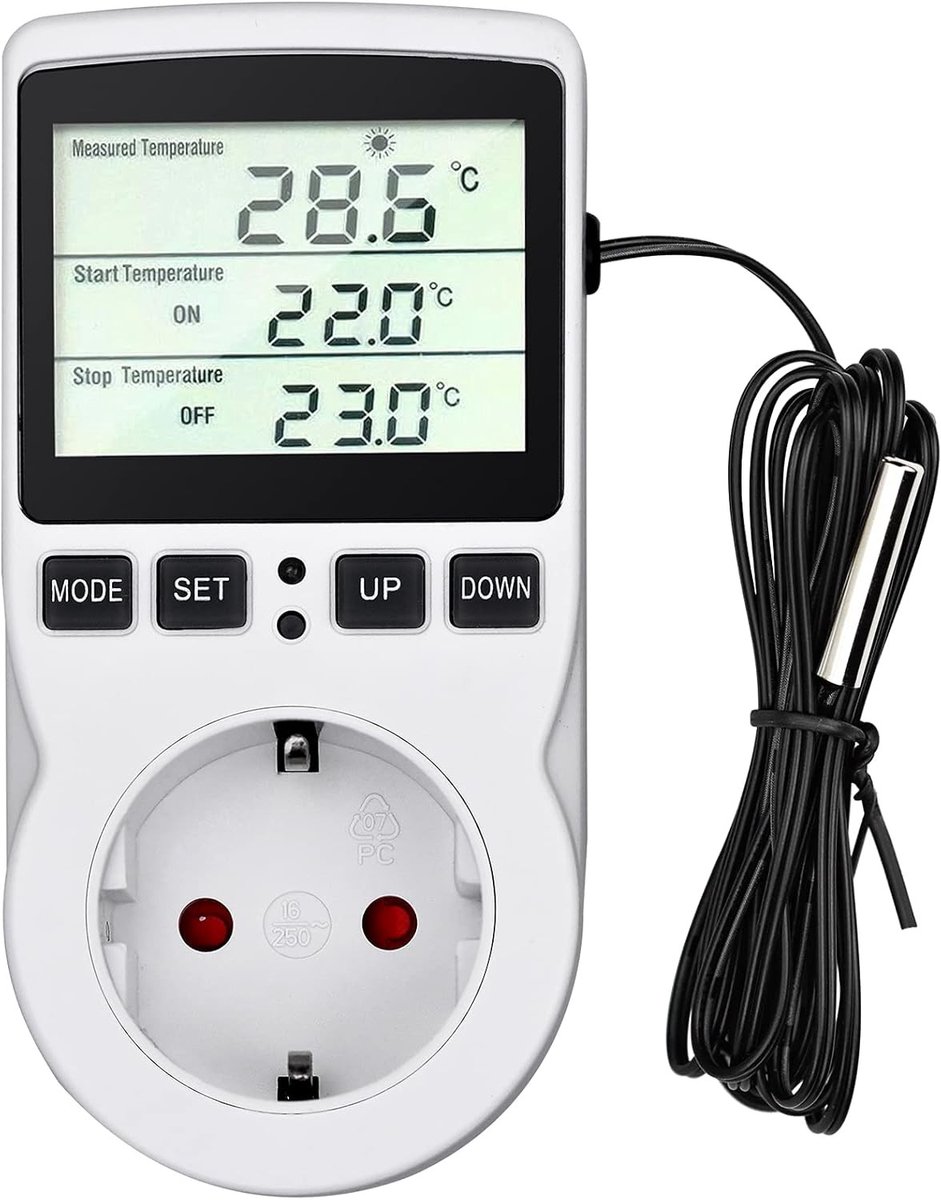 Temperatuurregelaar - Wit - 12 x 5,8 x 3,2 cm - Digitale Thermostaat met Timer en Temperatuursensor - Voor Broeikas en Verwarming