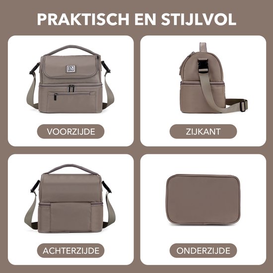 Brisby Koeltas Lunchtas 11 Liter - 4-Laags Geïsoleerd - Inclusief 2 Koelelementen - 2 Compartimenten - Schouderband - Tot 10 Uur Koel - Stone Greige van Brisby — afbeelding 3