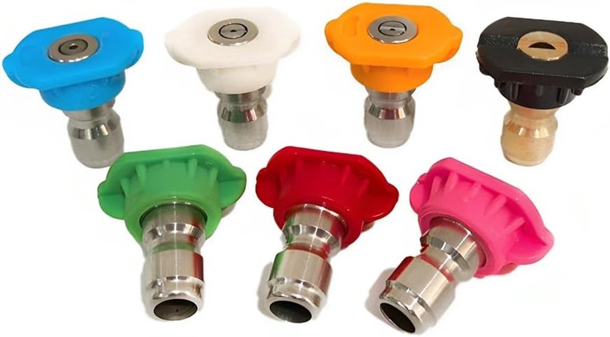Set van 7 Nozzles voor Hogedrukreiniger met 5 Spuitstanden, RVS en Messing, Geschikt voor Auto Wassen, Tuinirrigatie en Schoonmaakwerkzaamheden
