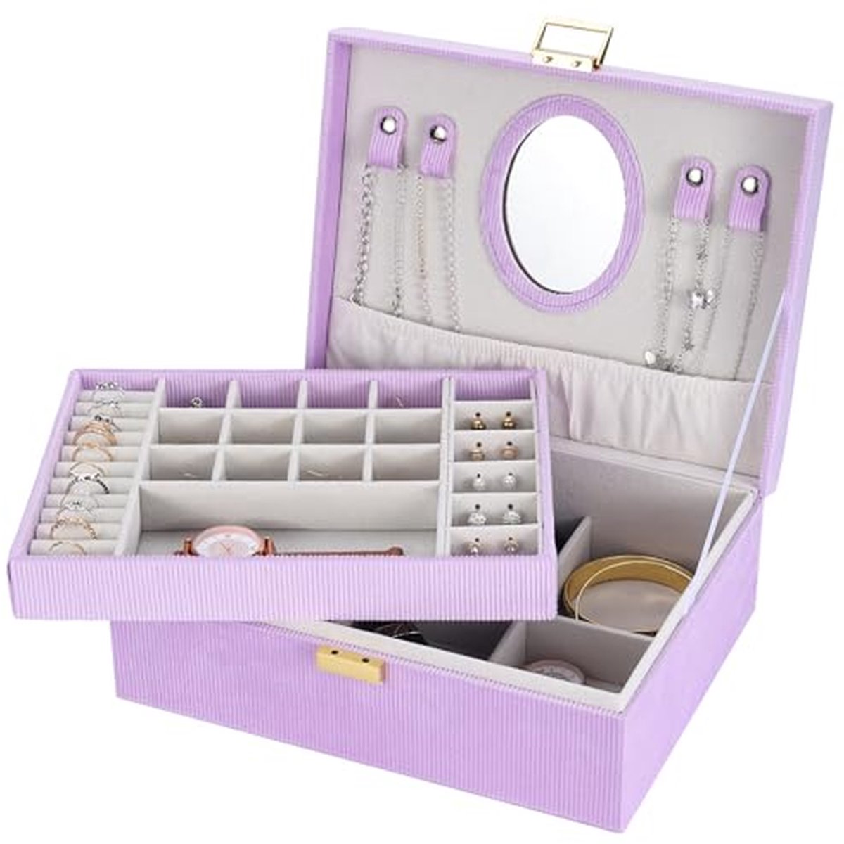 Sieradendoos - Juwelendoosje Opslag - Sieraden Organiseren - Dubbele Laag Spiegel - 25.5 x 19.5 x 9.5 cm - Paars