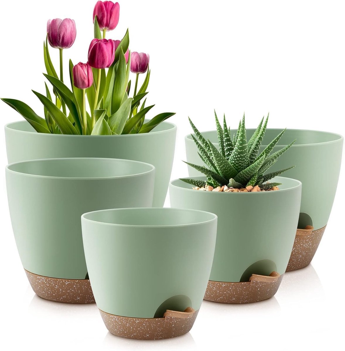 Set van 6 zelfwaterende plantenpotten in groen - Ideaal voor binnen en buiten gebruik, eenvoudig te onderhouden en stijlvol design