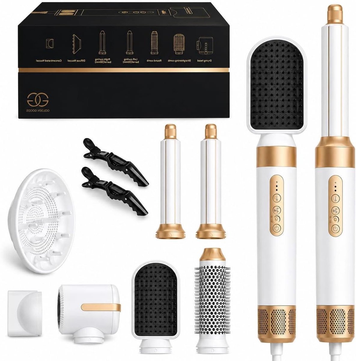 Haarstyler 7-in-1 - Heteluchtborstel Krultang - Haar Stylen - Coanda Effect Technologie - 385 cm - Wit Goud