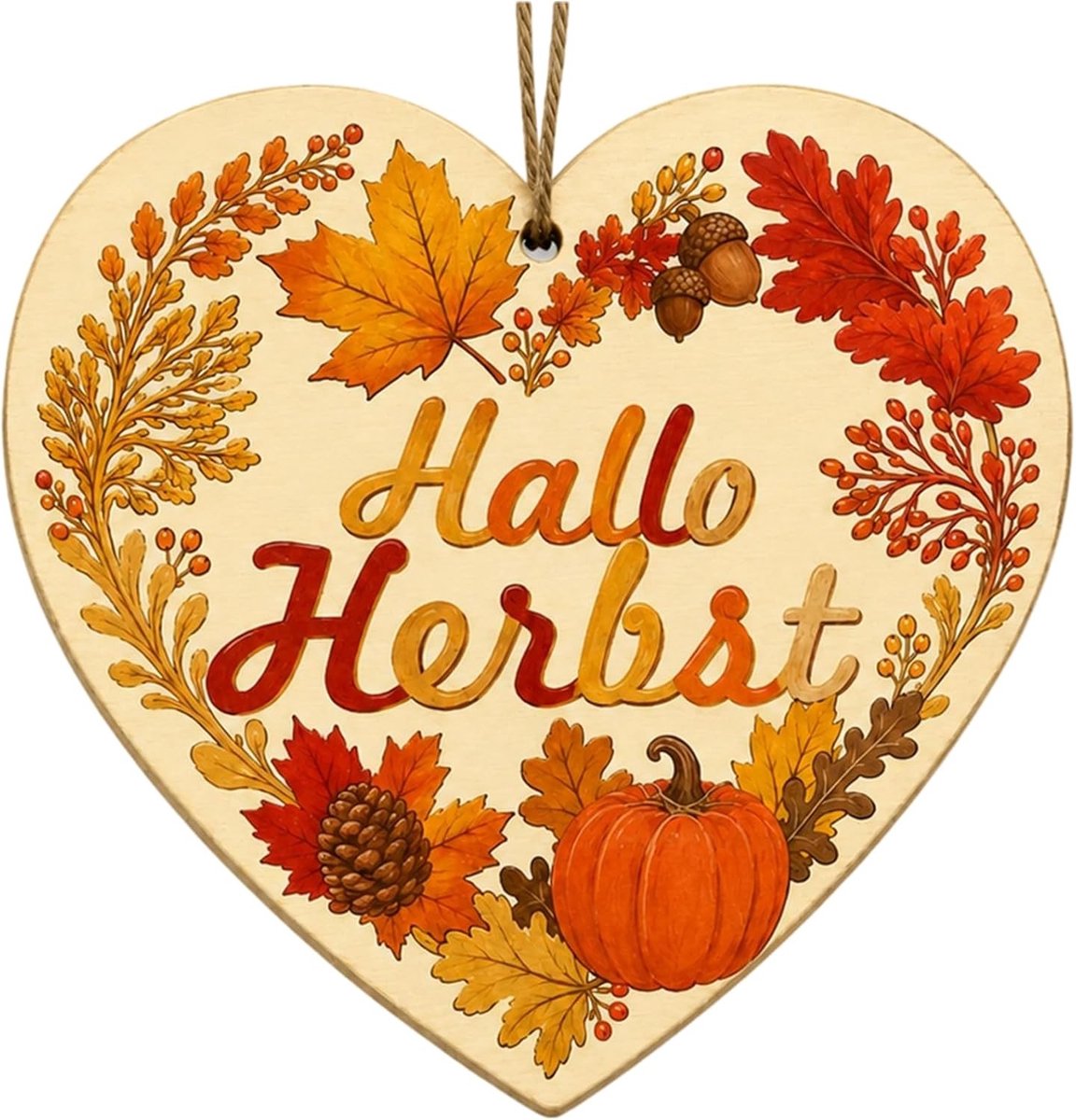 Herfstkrans - Oranje - 10 x 10 cm - Hartvormig Houten Bord met Herfstmotieven - Voor Deur of Raam