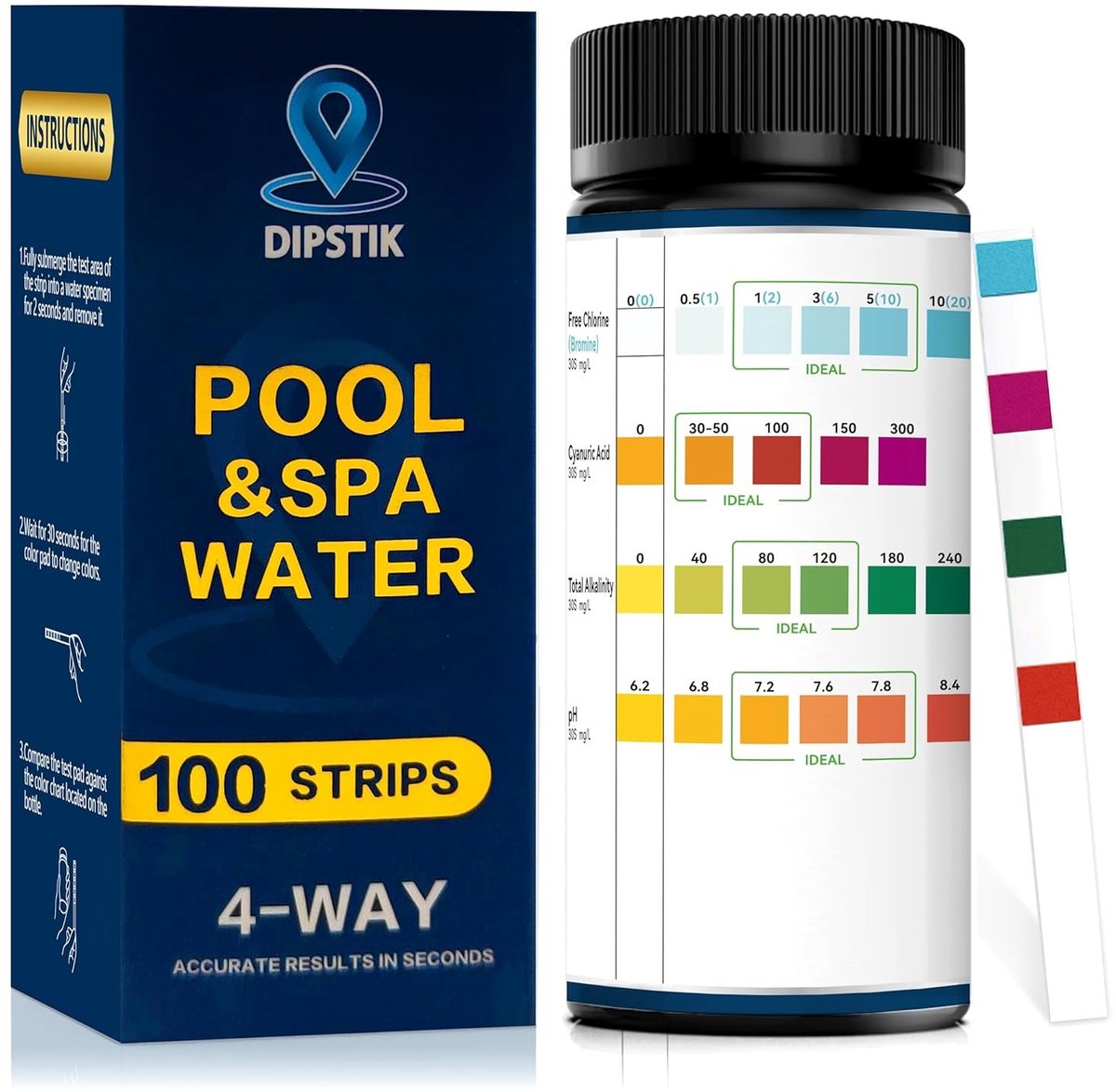Zwembadwater Teststrips - Geen Kleur - 100 Stuks - 6-in-1 Chemische Watertests voor Spa en Zwembad