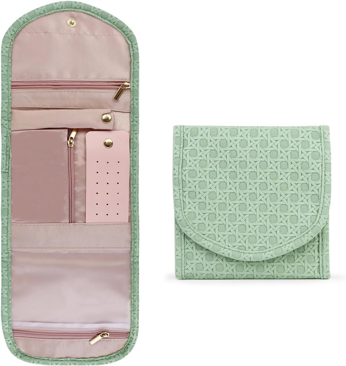 Compacte Reis Sieraden Organizer met Oorbelstandaard en Ringhouder, Vouwbare Sieraden Tas voor Ringen, Oorbellen, Kettingen en Armbanden (Groen)