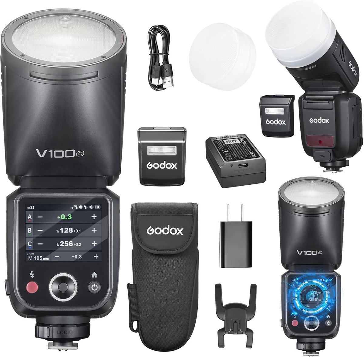 Professionele 100W Rond Hoofd Flitser met Aanraakscherm en Draadloze 2.4G Verbinding voor Canon Camera's, Inclusief Externe Flitser en Globale Sluitertijd tot 1/80000s
