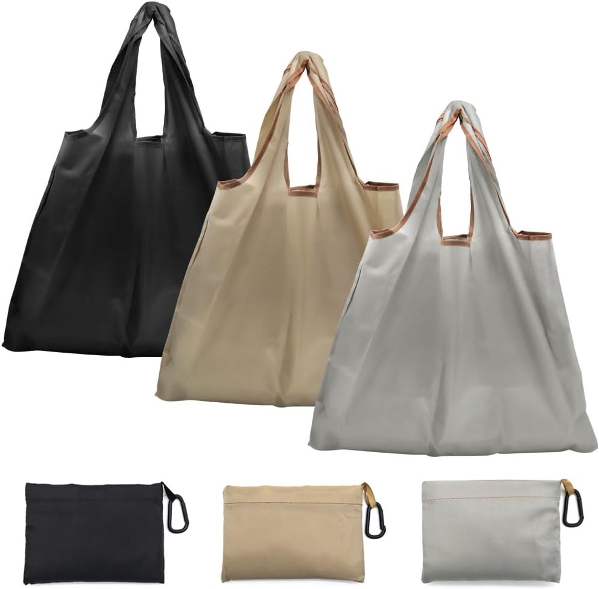 Vouwbare boodschappentas set van 3, 50 x 48 cm, herbruikbare tas met binnenzak voor winkelen, reizen en kamperen, zwart, grijs, khaki