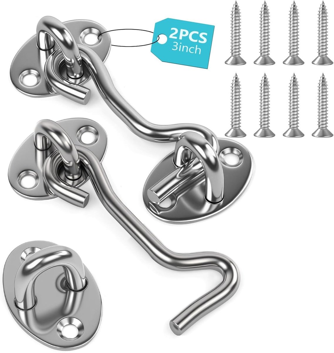 Set van 2 RVS Deurhaken met Oogsluiting van 3 Inch, Inclusief 8 Bevestigingsschroeven, Ideaal voor Tuinhekken en Deursloten