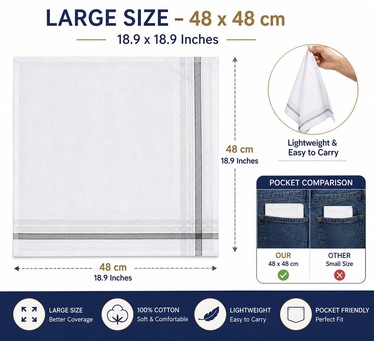 Zakdoeken voor heren set van 3 - witte basis met gekleurde rand - 100% katoen - perfect voor dagelijks gebruik - ShopVlot