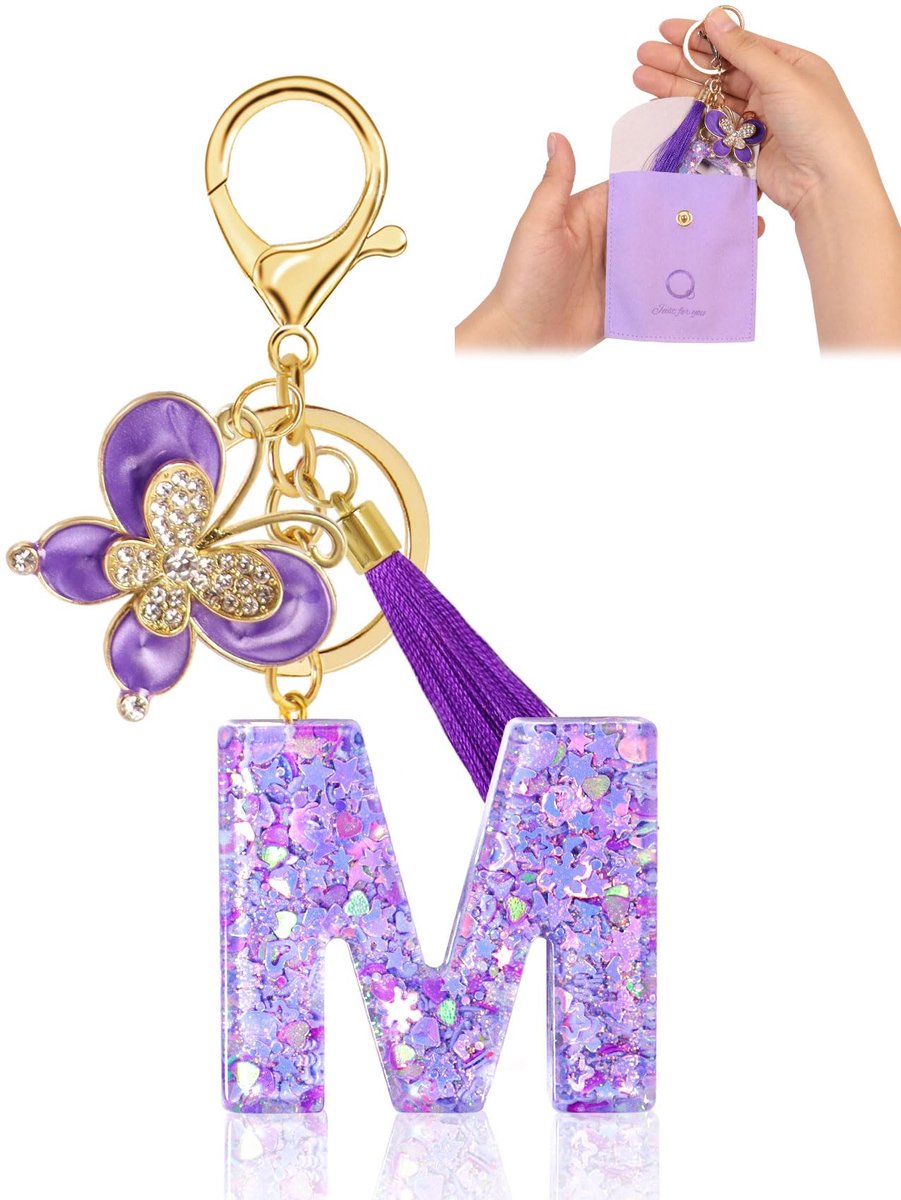 Sleutelhanger met beginletters - paars lila - vlinder - uniek cadeau voor meisjes - ShopVlot