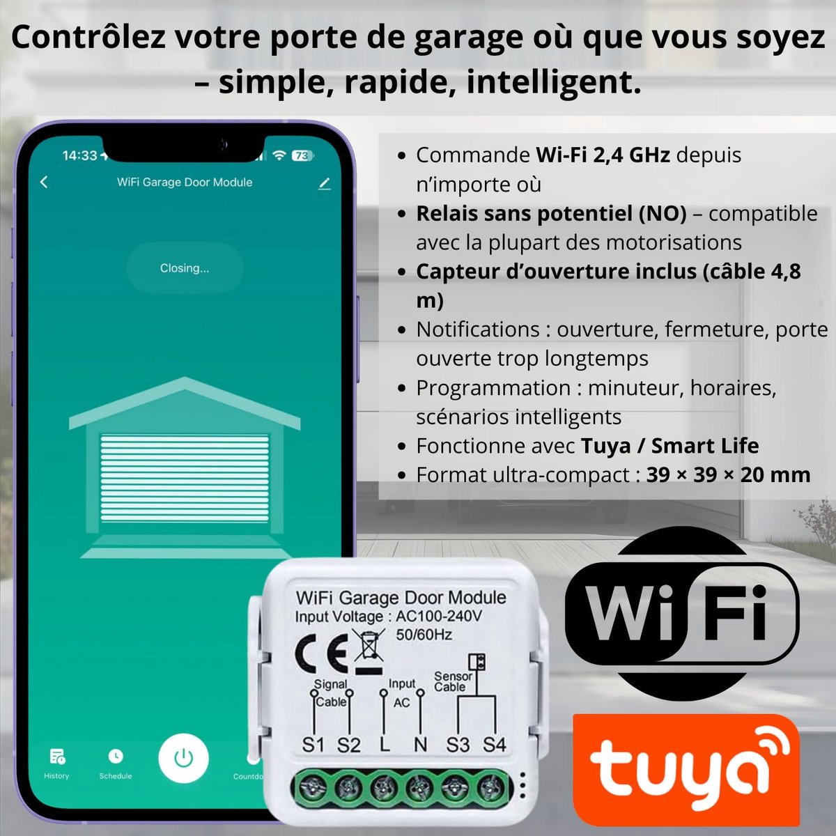 Garagedeuropener WiFi met magneetsensor - 480 cm wit - eenvoudig te installeren - smart home integratie - ShopVlot