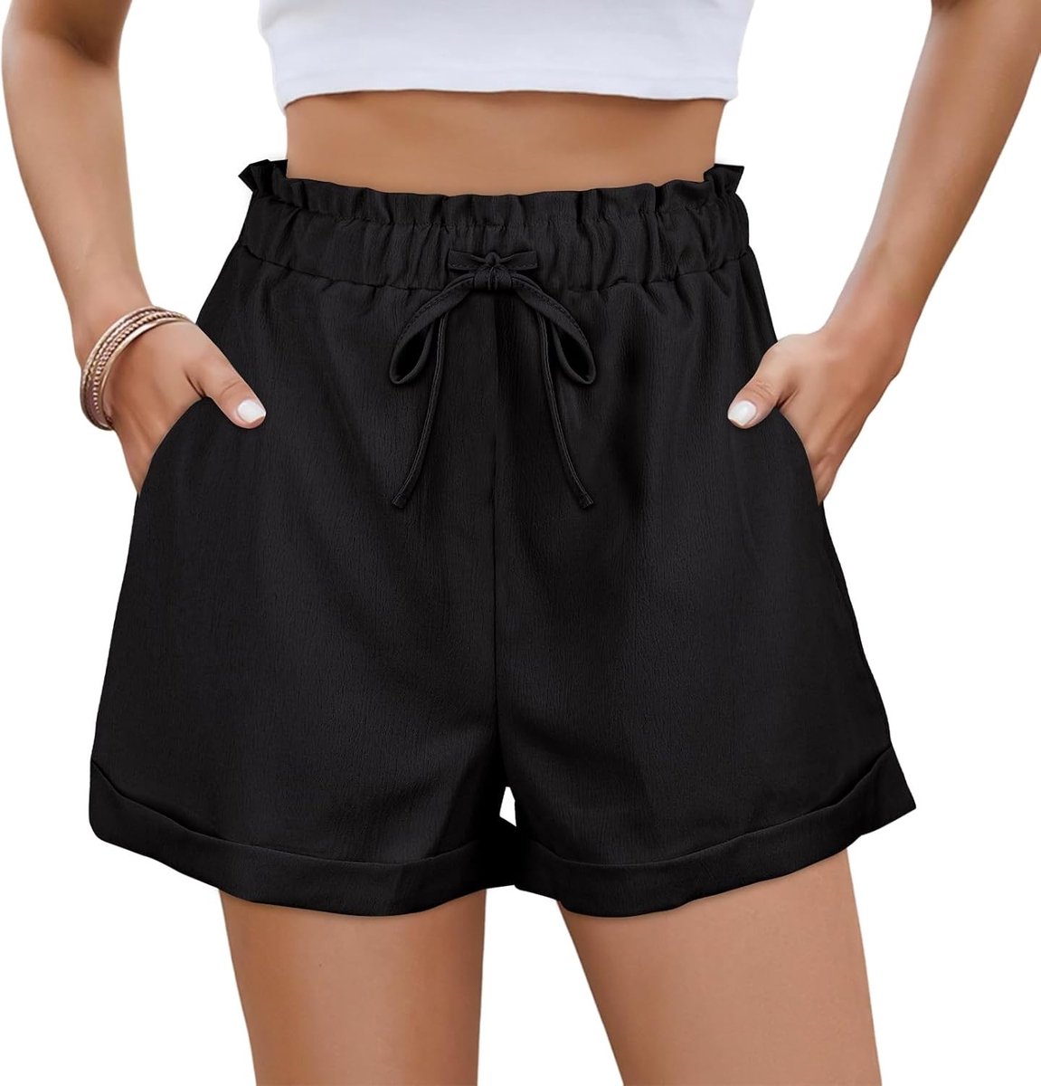 Zomerse Losse Hoge Taille Shorts voor Dames met Elastische Tailleband - Comfortabele Katoenen Linnen Kleding voor Strand, Vakantie en Vrijetijdskleding, Zwart, M