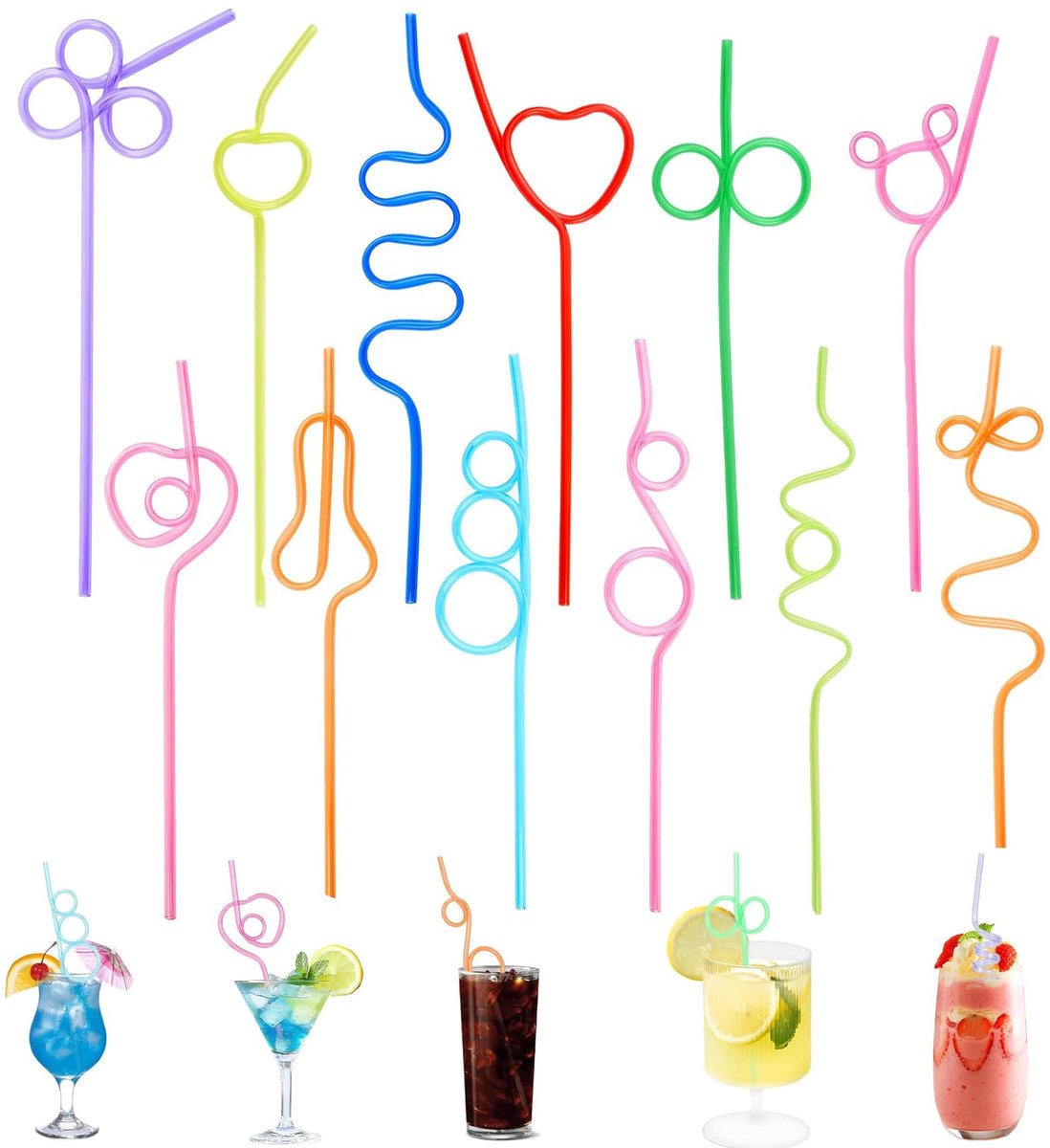 Curly rietjes 12 stuks - kleurrijke cocktailrietjes - herbruikbaar - feestelijke sapdecoratie - ShopVlot