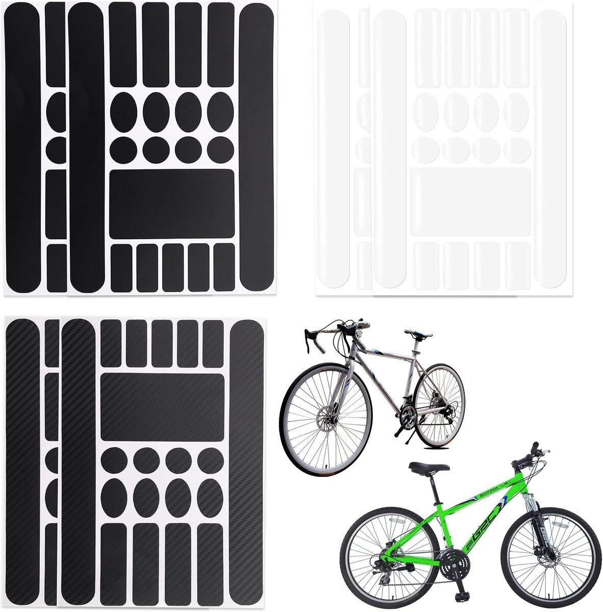 Zes Stuks Zelfklevende Beschermfolie voor Fietsframe - Carbon Lakbescherming voor Mountainbike en Racefiets, PVC Materiaal, Zwart en Transparant