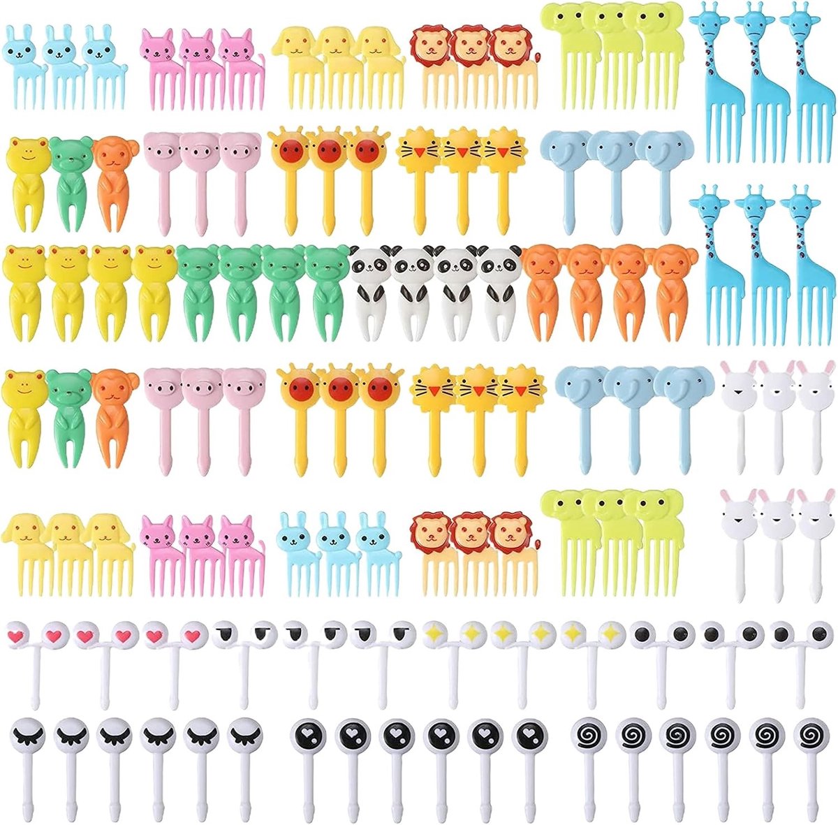 Herbruikbare Plastic Fruitvorken Set van 120 Stuks met Dierenvormen en Cartoon Ogen - Ideaal voor Picknicks, Bento Boxen, Feesten en Desserts