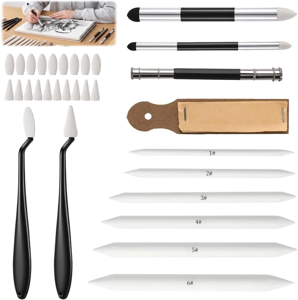 32-delige blendset met potloodblender, potloodverlenger en menggereedschap voor schetsen en tekenkunstenaars, ideaal voor oliepastels en pastelmengtechnieken