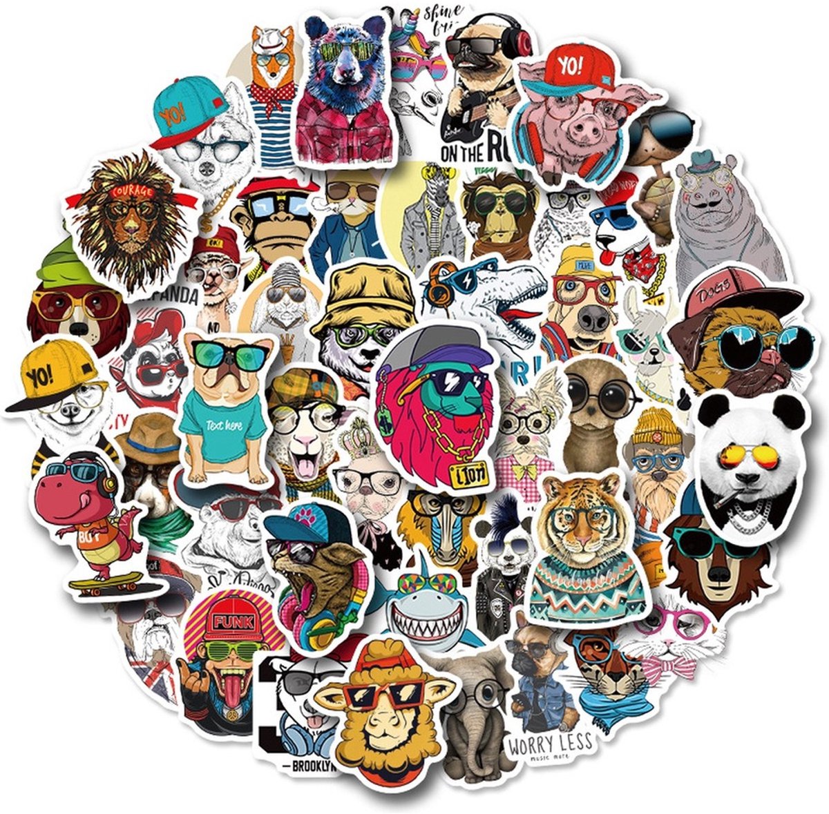 50 Grappige Dieren Stickers – Tijger, Hond, Kat, Vogel & Vis