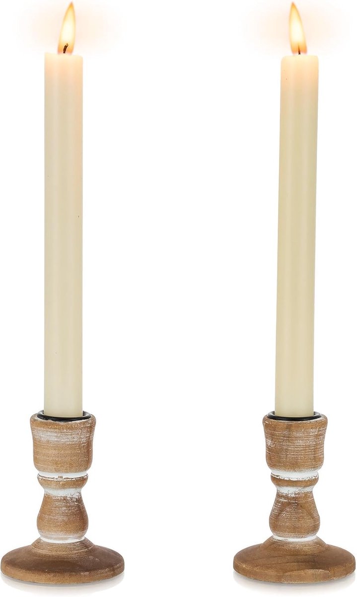 Houten kandelaar set van 2 - lichtbruin - rustiek design - sfeervolle decoratie voor de kerst - ShopVlot