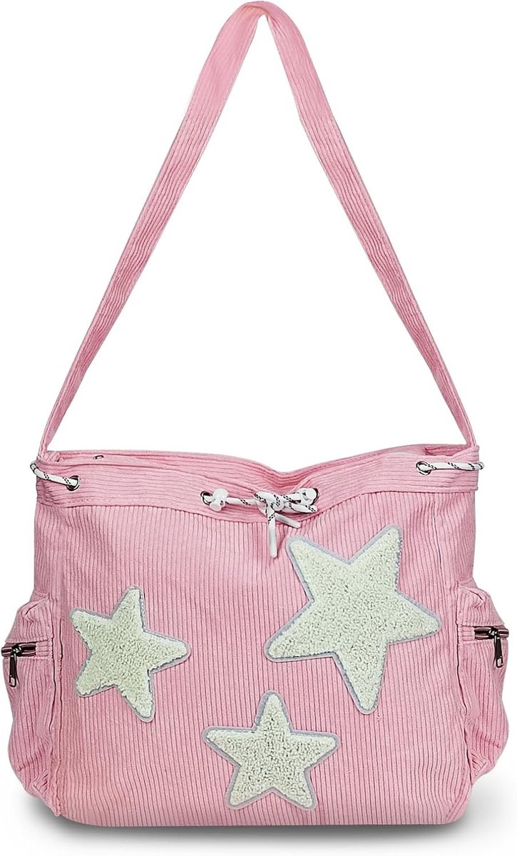 Dames Schoudertas met Pentagram Decoratie, Grote Capaciteit, 3 Ritsvakken en Koordsluiting voor Winkelen en Reizen