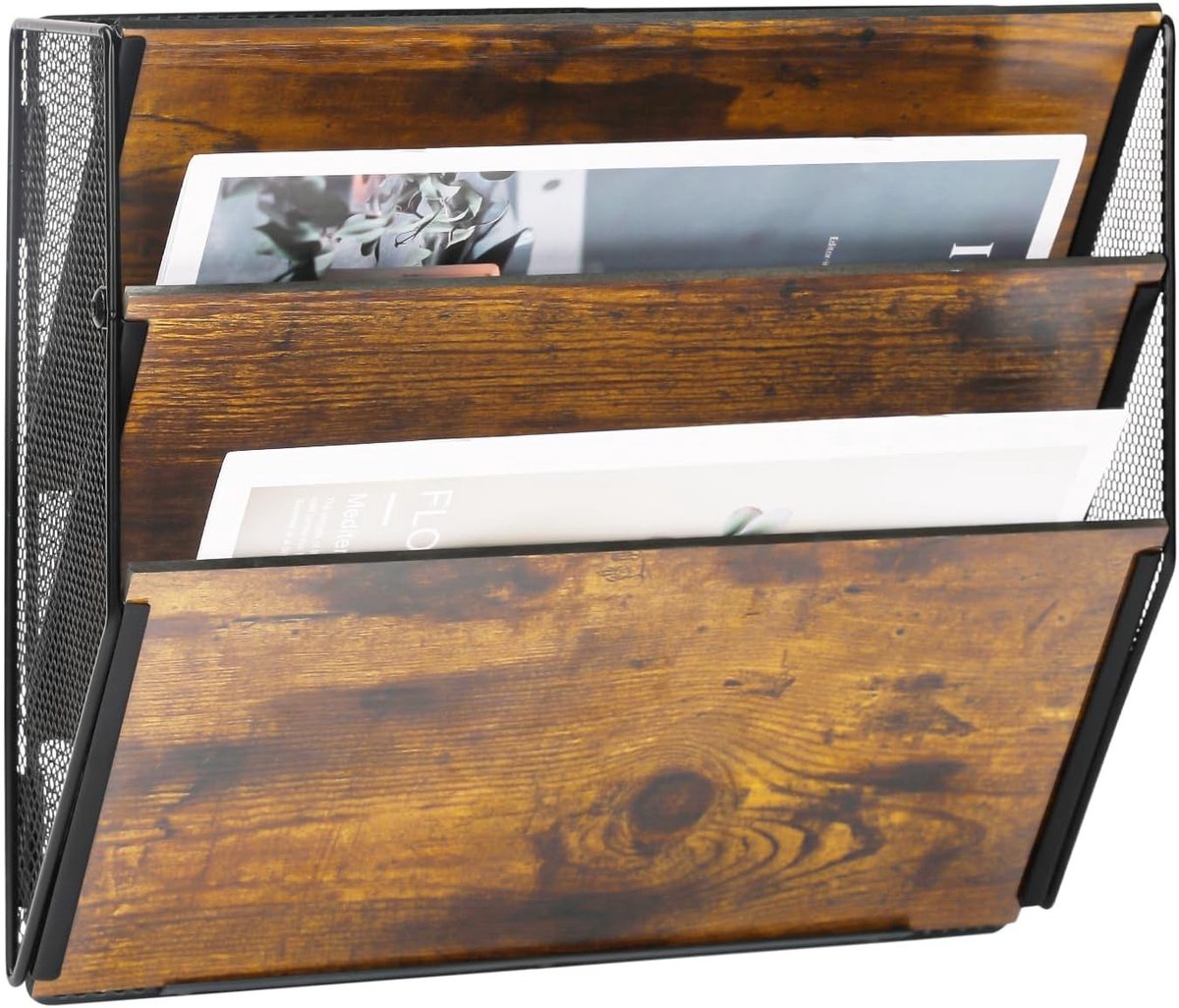 Wandgemonteerde Houten Tijdschriftenhouder met 3 Niveaus voor A4 Documenten en Papierenopslag, Zwart/Antiek
