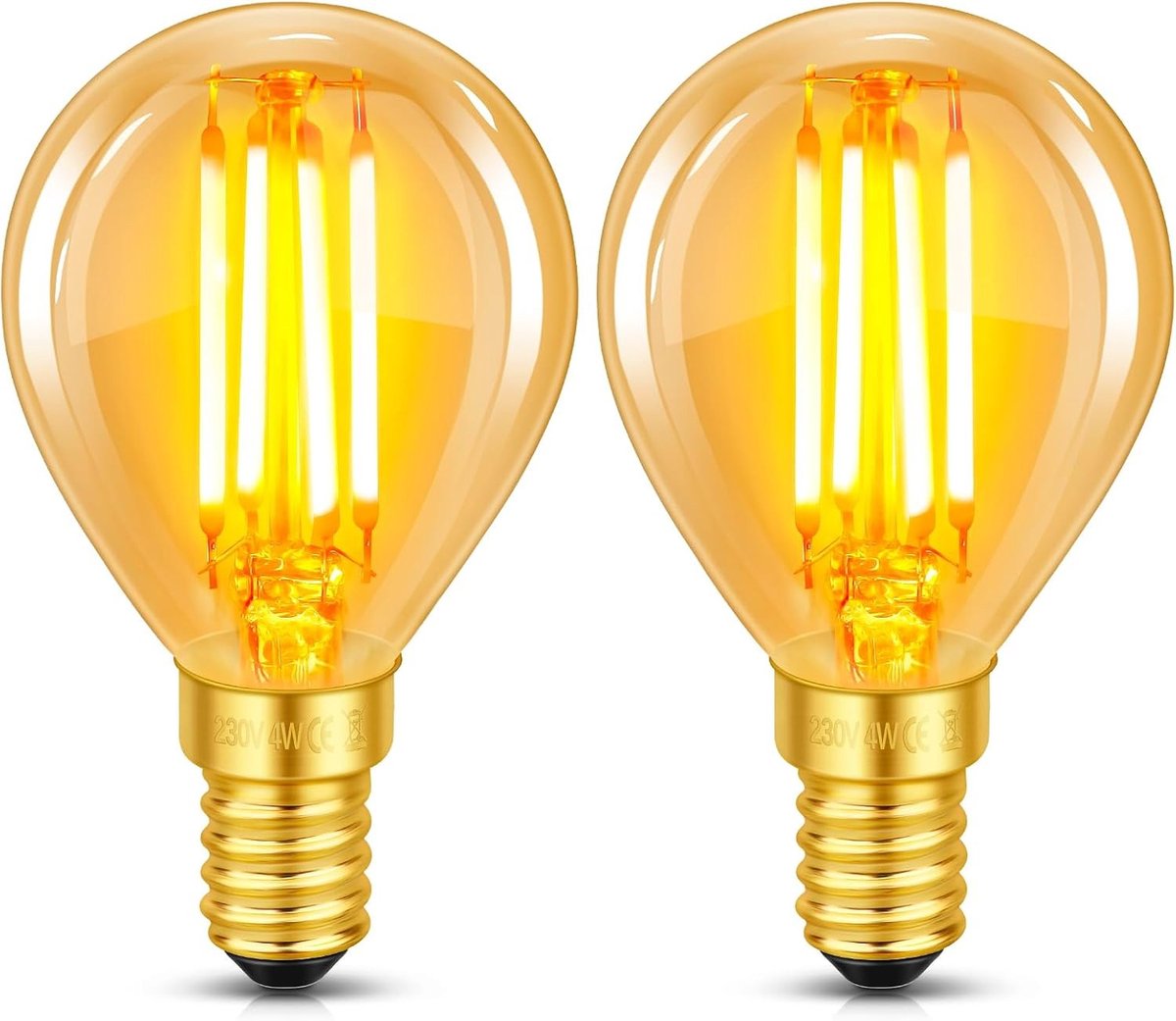 Set van 2 E14 LED Vintage Lampen, 4W Filament Vervangt 40W Gloeilamp, Warm Wit 2200K, Amber Glas, 400 Lumen, Golfbal P45/G45, Niet Dimbaar, Nostalgische Verlichting voor Thuis, Café en Bar