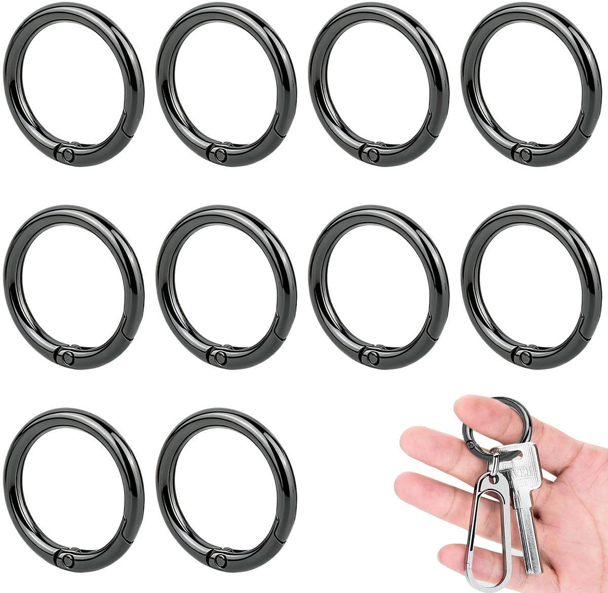Ronde karabijnhaken set van 10 - zwart - 40 mm zinklegering - ideaal voor sleutelhangers en tassen - ShopVlot