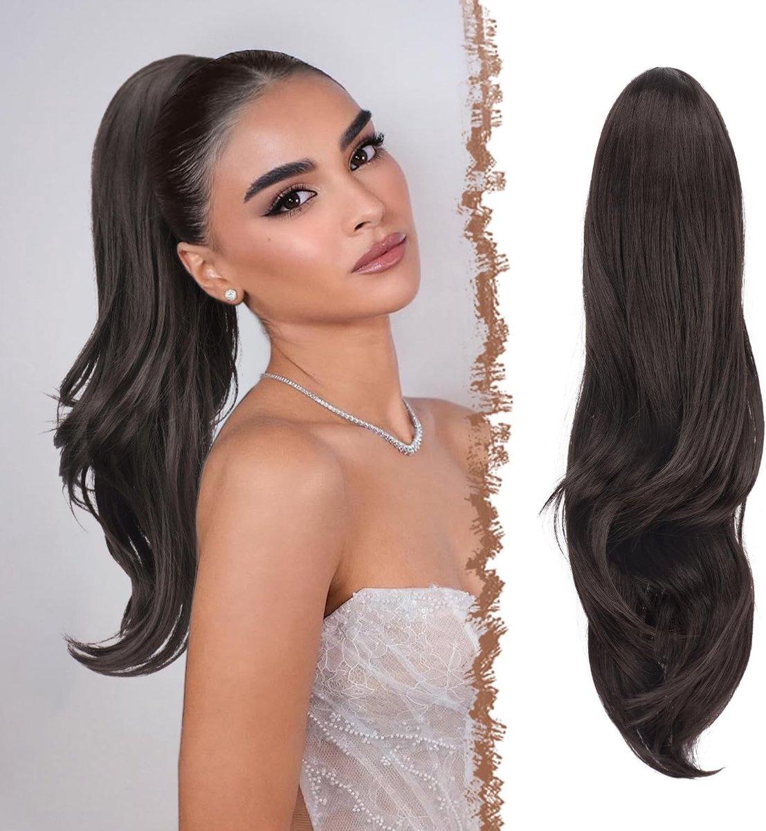 Natuurlijke Golvende Ponytail Extensions met Trekkoord, Synthetische Zwarte en Bruine Haarstukjes voor Vrouwen, 50 cm Lang, Perfect voor Diverse Stijlen en Gelegenheden