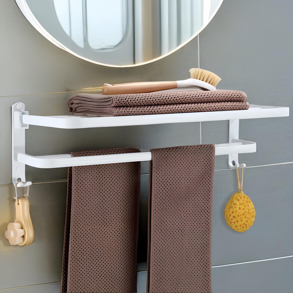 Badkamer handdoekhouder 38cm - opvouwbaar met plank - aluminium - ruimtebesparend - ShopVlot