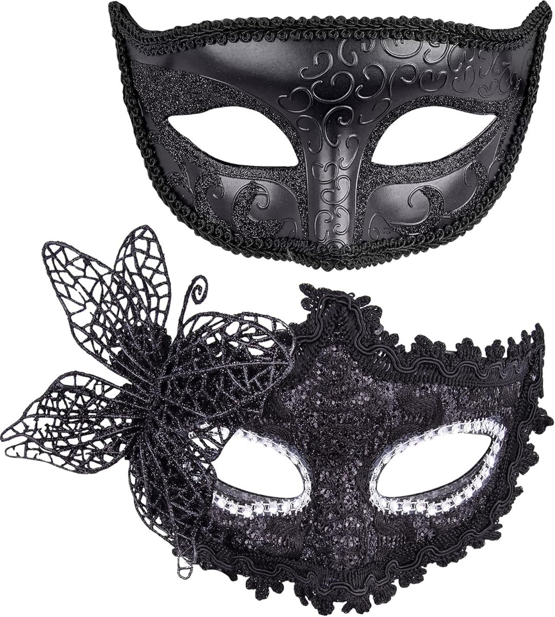 Venetiaanse Masker Set - Vlinder Zwart - Voor Halloween en Carnaval - Plastic Maskers voor Mannen en Vrouwen
