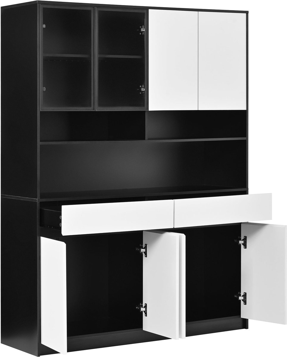 Merax Hoge Vitrinekast met Ledverlichting - 120 x 38 x 160 cm - Zwart en Wit - 2 Lades - Glazen Deuren - Ruime Opbergkast