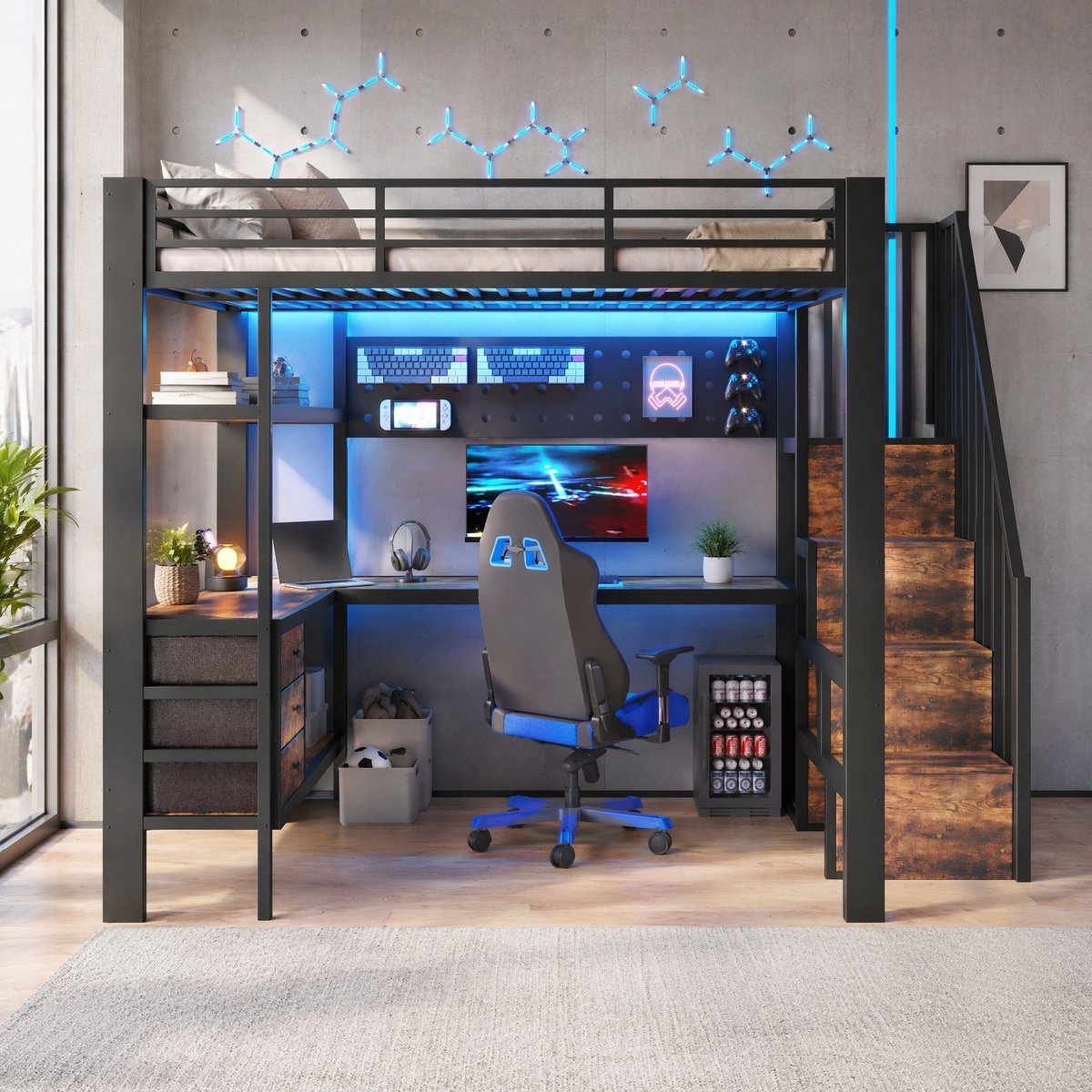 Wishdor Hoogslaper 140x200 cm - Met bureau en trap - Metaal en MDF - Zwart - Inclusief opbergruimte, lade, LED-verlichting en stopcontact