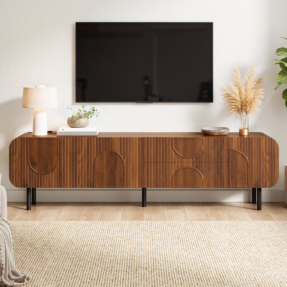 Wishdor Tv meubel - Mid-century design met 3 deuren en 2 lades - Kabeldoorvoer - Metalen poten - Walnut - 180 x 40 x 47,5 cm voor woonkamer, dichte kast
