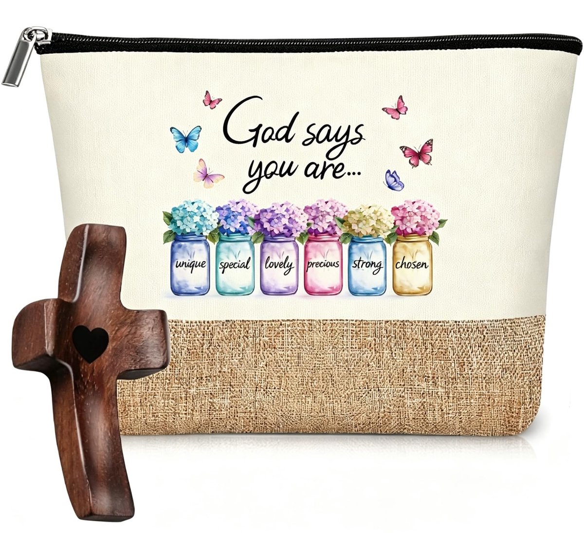 Cosmeticatas voor vrouwen - jute tas met houten kruis - bijbelvers God Says You Are - ideaal als cadeau - ShopVlot