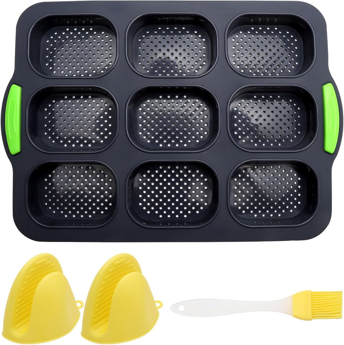 Siliconen bakvorm voor broodjes 9-gaats - anti-aanbak - met isolerende handclip en oliekwast - ideaal voor beginners - ShopVlot