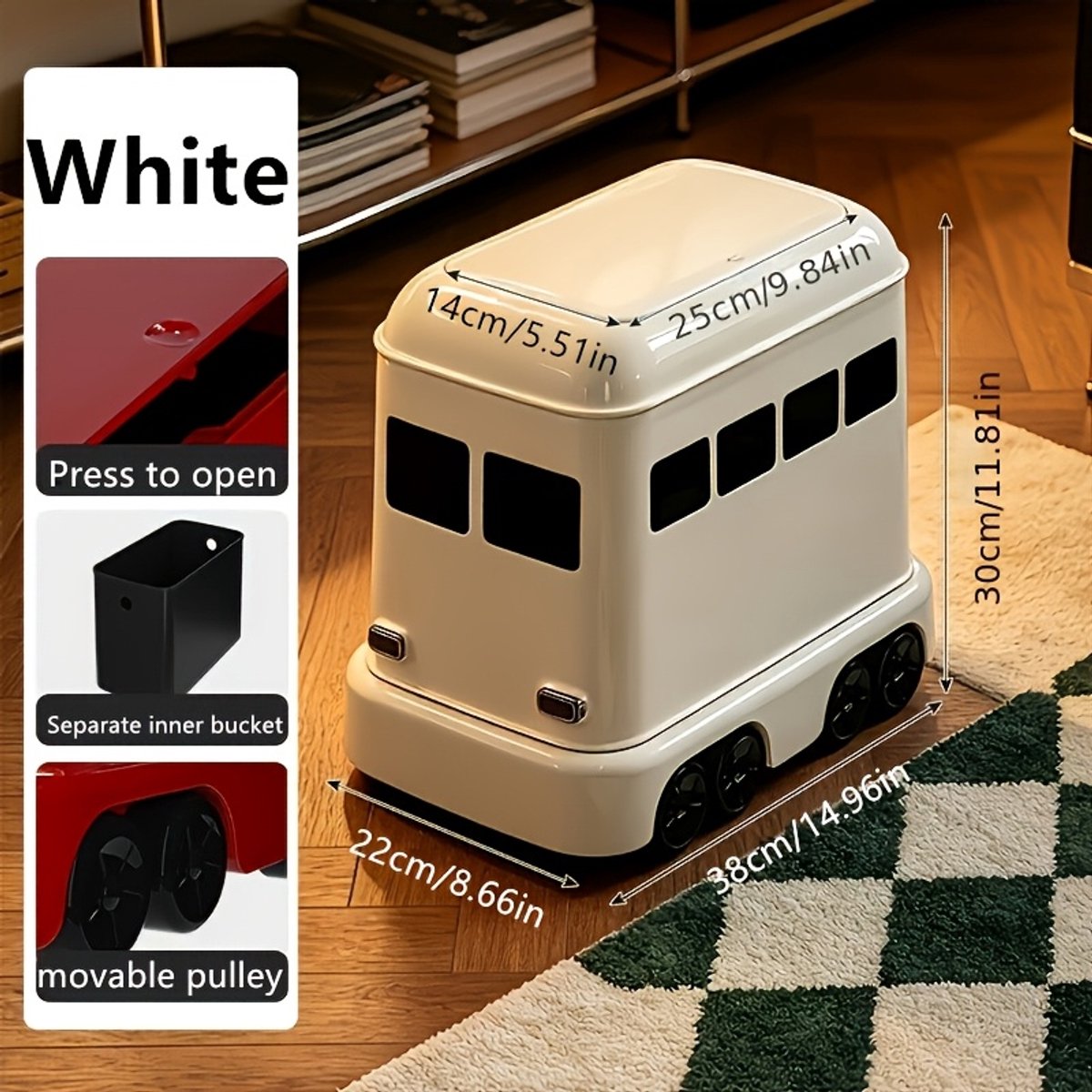 12L Prullenbak bus auto design, vuilnisbak met drukdeksel, binnenemmer en zwenkwielen, stijlvolle afvalbak voor woonkamer, slaapkamer, keuken en kantoor, decoratieve prullenbak voor binnenhuis, handig te verplaatsen afvalcontaine,retro witte