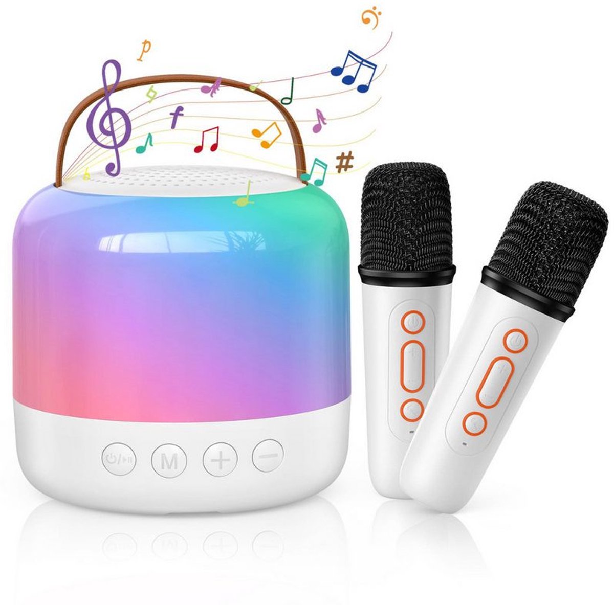 Mini karaokemachine met 2 draadloze microfoons, karaokesysteem en Bluetooth-luidspreker.