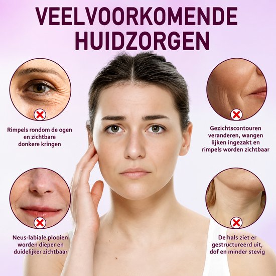 Een vrouw die haar gezicht aanraakt met in cirkels rimpels rond de ogen, neus-lippenplooi, gezichtscontouren en nek.