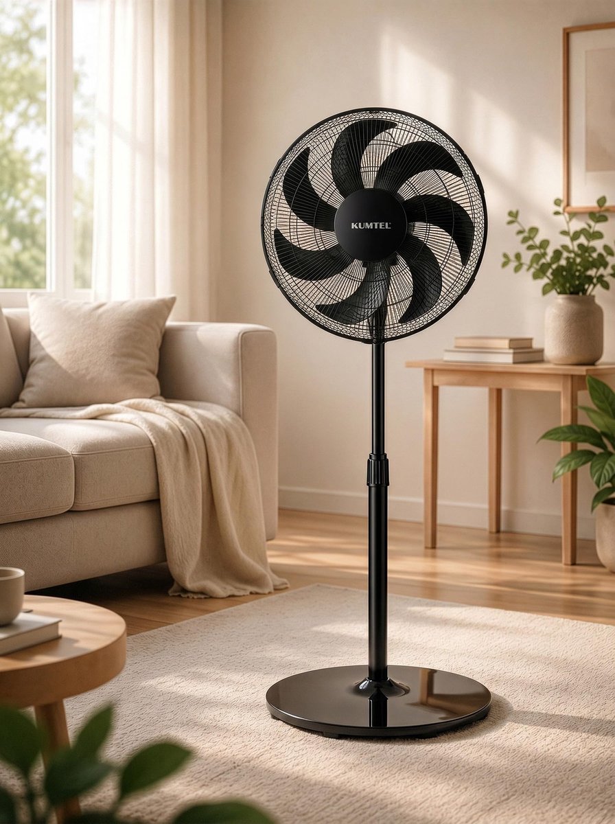 Opviq Kumtel Krachtige zwarte ventilator, 50 W, 130 cm in hoogte verstelbaar, 7 vleugels, 3 snelheden, geluidsarm - ShopVlot