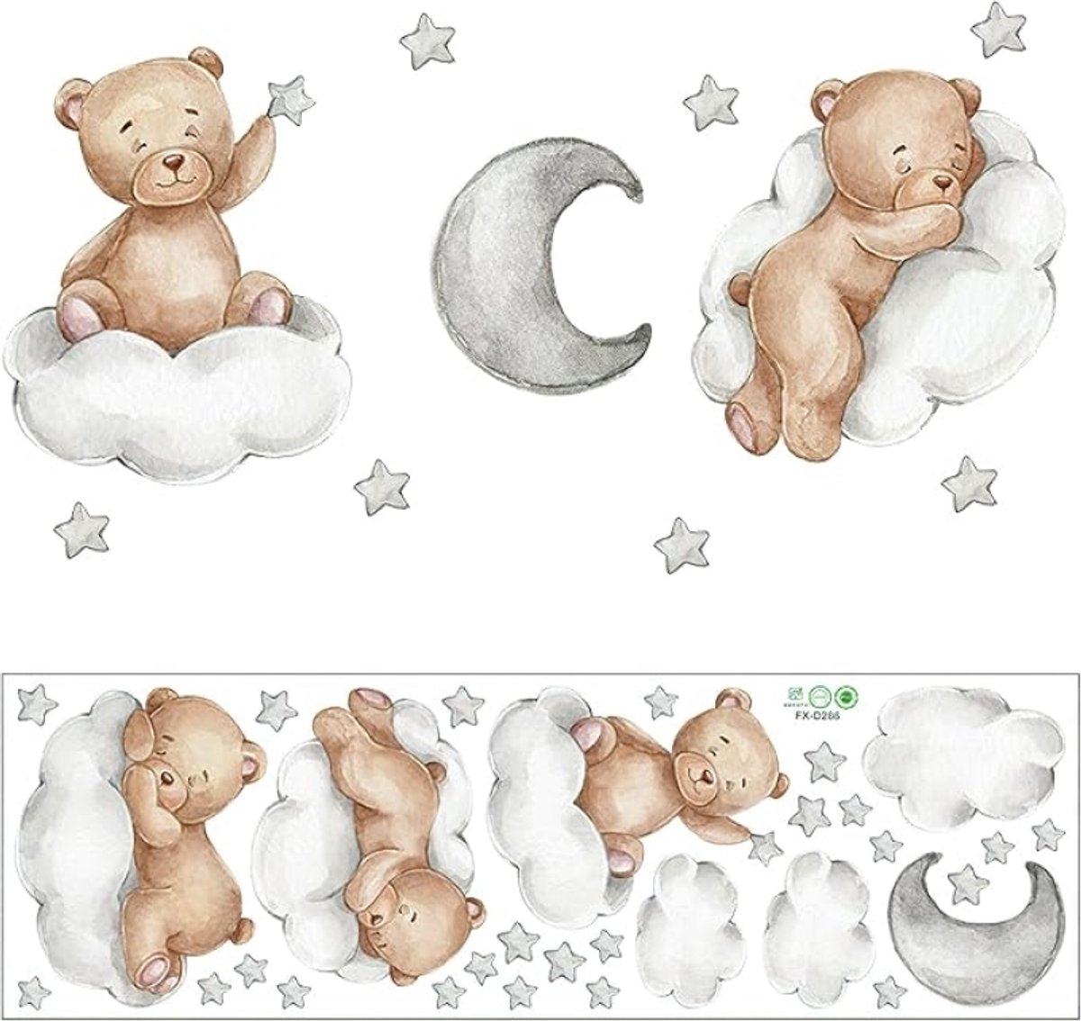 Muurstickers Dieren – Beer, Wolken, Maan en Sterren – Verwijderbare Kunststof Stickers voor Baby- en Kinderkamer, Slaapkamer, Woonkamer, Deuren, Badkamer en Ramen