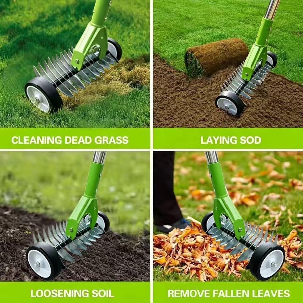 Handverticuteermachine - Donkergroen - 165 cm - Metalen Verticuteerder met Wielen - Voor Tuinonderhoud thumbnail 3