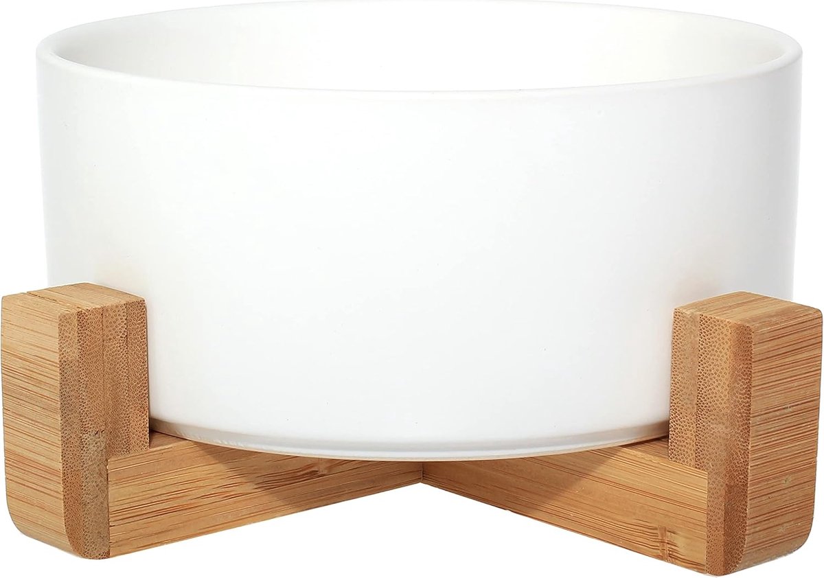 Ceramic bowl with bamboo stand for dogs and cats, raised bowl for a comfortable position while eating and drinking - ShopVlot