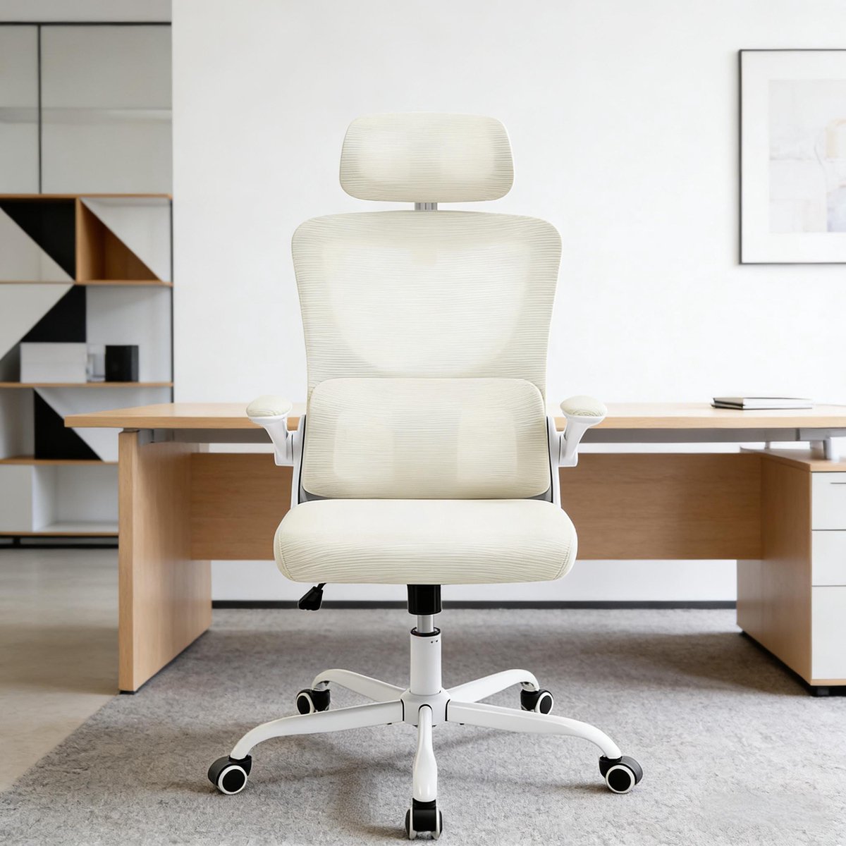 Wishdor Bureaustoel - Ergonomisch mesh - Met hoofdsteun en verstelbare armleuningen - Kantelbaar en draaibaar - Voor volwassenen - Beige - 62 x 123,5 x 69,5 cm