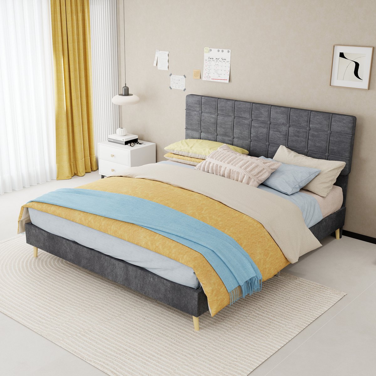 Wishdor Bedframe 160x200 cm - Gestoffeerd hoofdbord met ruitstiksel - Modern grijs - Stabiele lattenbodem - Voor volwassenen - Stof en hout - Tweepersoons