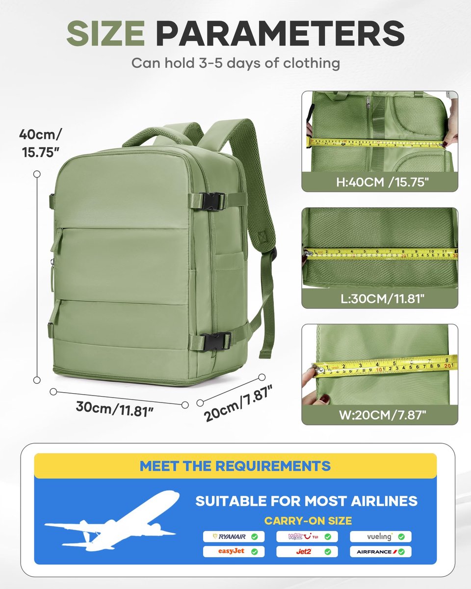 BJLFS Handbagage voor Ryanair 40 x 30 x 20 cm, handbagage, vacuüm voor dames, A08-grijs-groen, Ryanair/Wizzair - ShopVlot