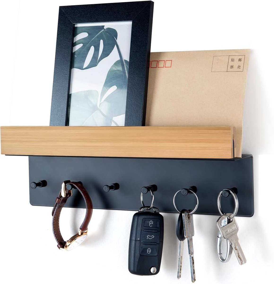 Houten Sleutelhanger met Plank, Sleutelkastje met 6 Haken voor Muur, Ideaal voor Hal en Keuken