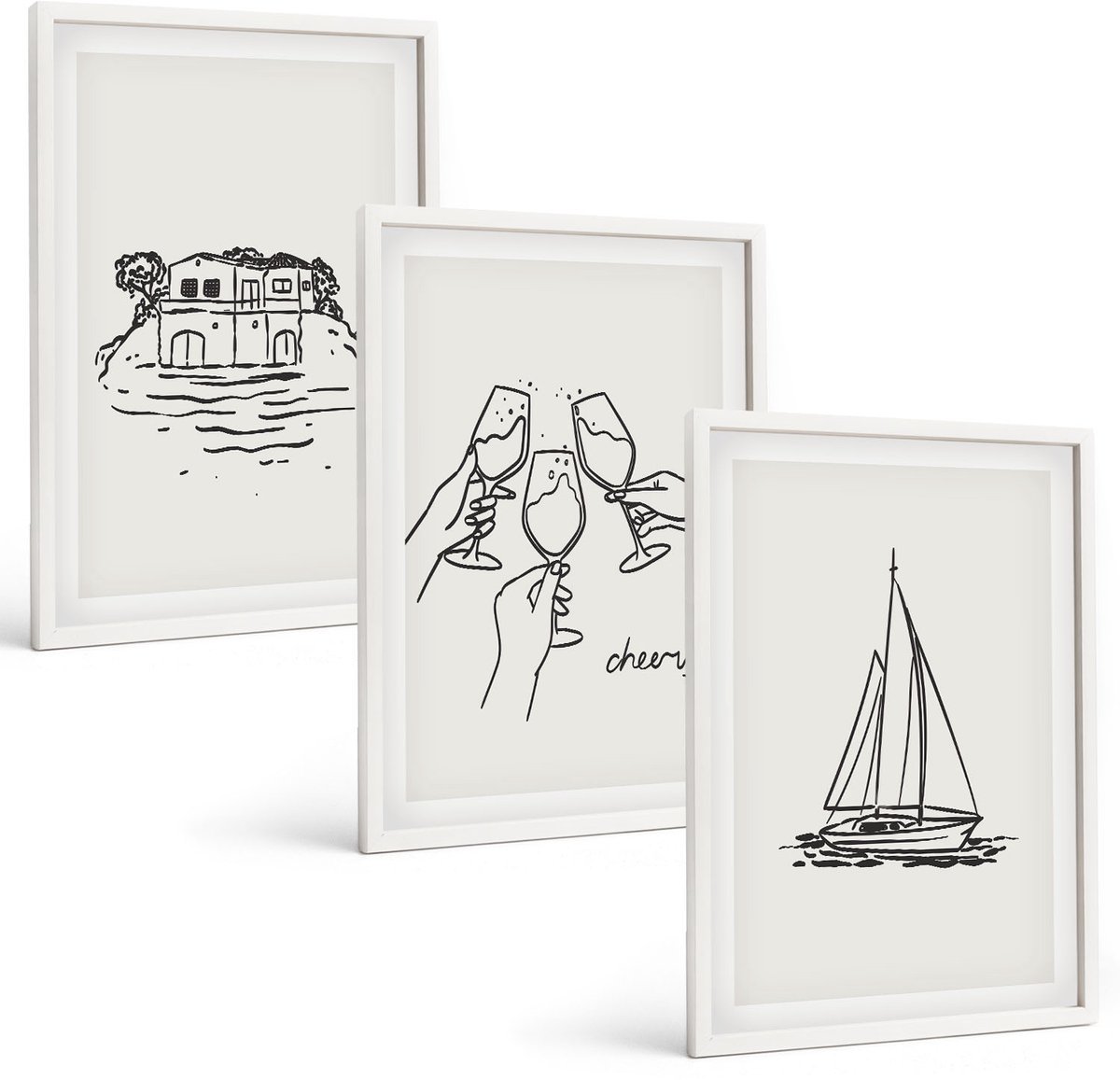 Wallfluent 3-Delige Schilderij Set - Uitzicht Op Het Water, Een Huis Dat Proost Met Glazen En Een Zeilboot. - 40 x 60 - Wanddecoratie - Woonkamer Decoratie - Muurdecoratie