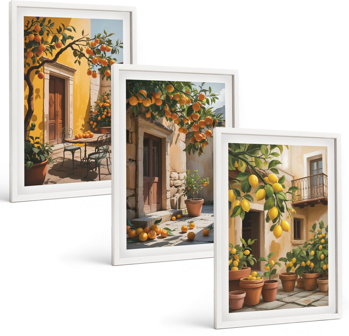 Wallfluent 3-Delige Schilderij Set - Citrusvruchten In Een Zonnige Binnenplaats Met Planten - 40 x 60 - Stijlvolle Muurdecoratie - Kantoor