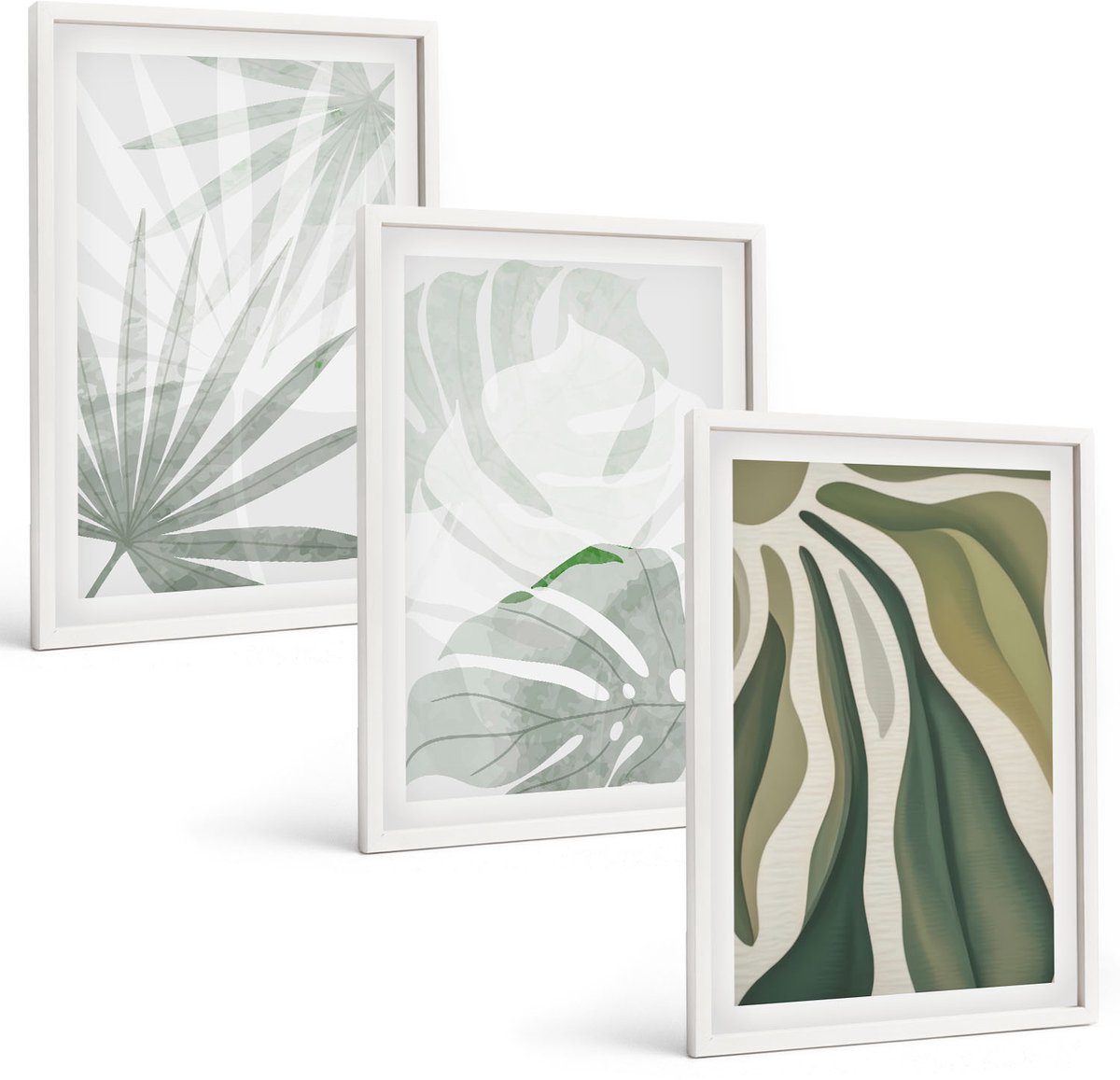 Wallfluent 3-Delige Schilderij Set - Plantenbladeren In Tinten Groen En Grijs - 40 x 60 - Moderne Wanddecoratie - Woonkamer - Decoratieve Schilderijen