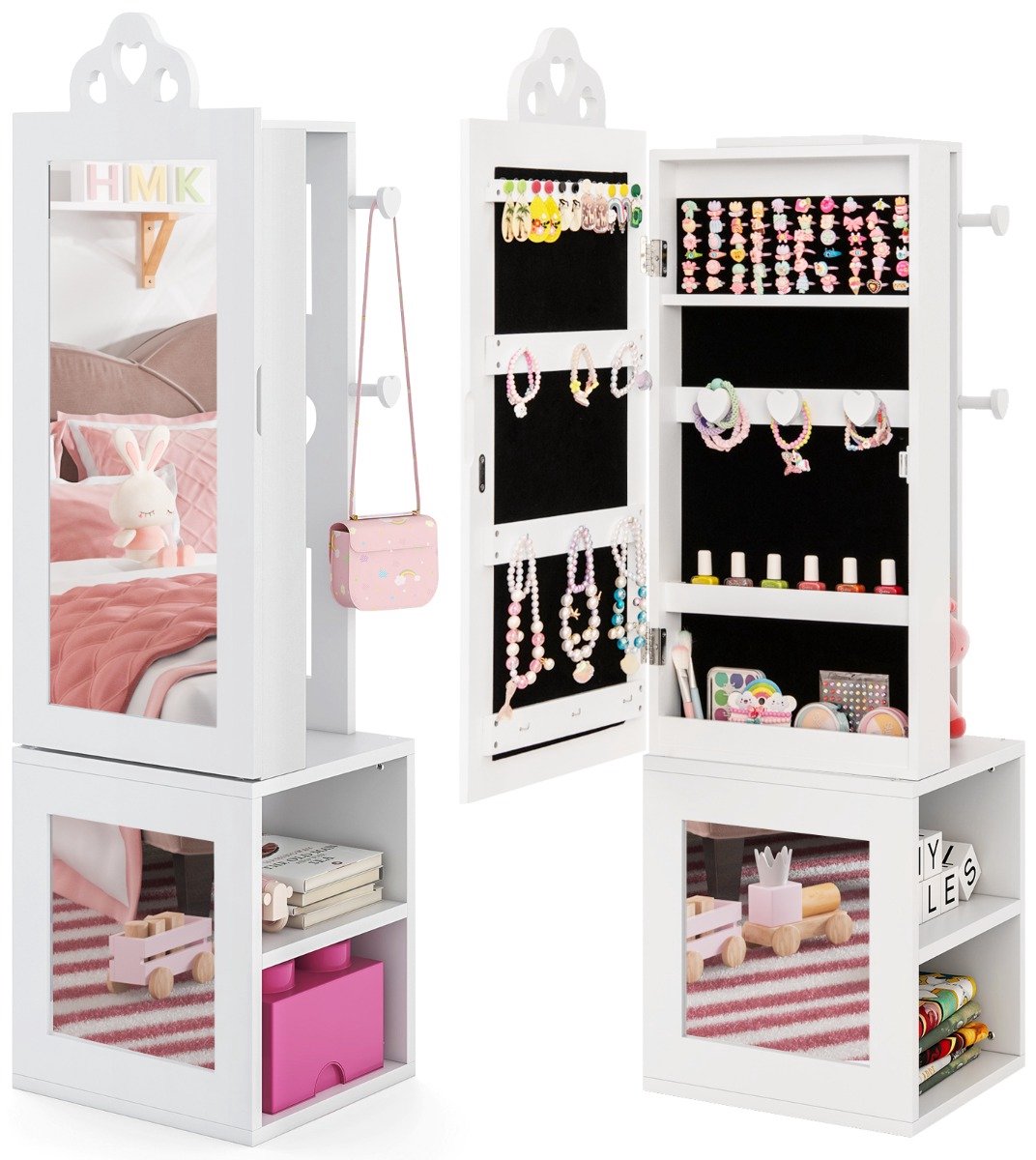 SureDeal® - Kaptafel - Juwelenkast - Kinderen Juwelenkast - Passpiegel Kledingrek Juwelenopbergvak - Haken - 34x30x117 cm - Wit