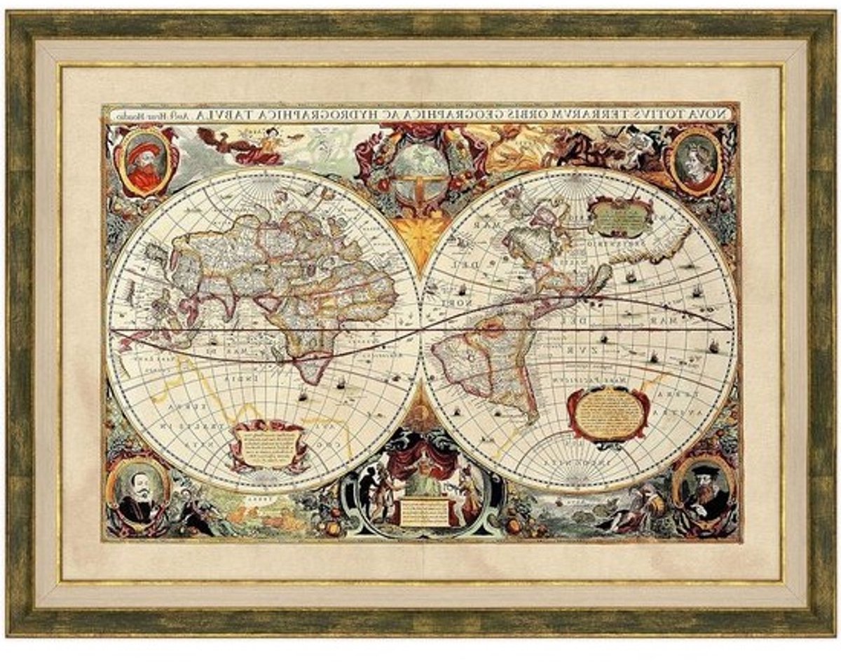 Landkaart Antieke Wereld - Wereldkaart Decoratie - Wanddecoratie Kantoor - Massief Houten Frame - 50 x 70 cm